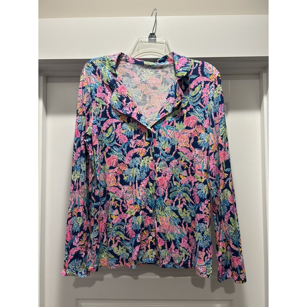 Lilly Pulitzer PJ Knit LS Button Up Top Oyster Bay Navy Seen & Herd Knit medium